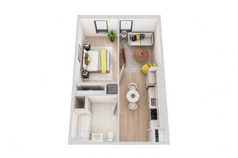 a stylized floor plan with a bedroom and a living room